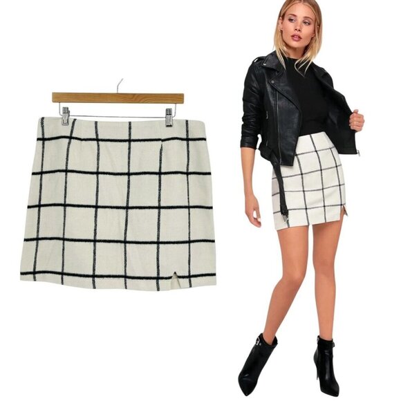 Lulu's Flannel Window Pane Plaid Mini Skirt‎ Women's Size XL Off White Black NWT - Picture 9 of 13
